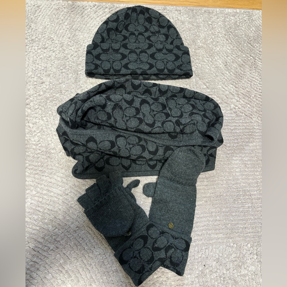 Coach Black/Gray/Silver Hat, Mitts and Infinity Scarf Set